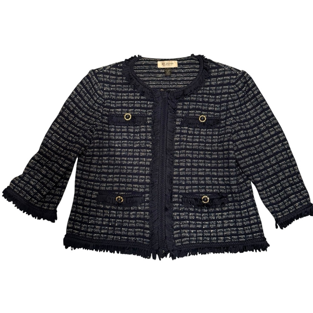 St. John collection navy fringe zip up Santana knit sweater 14